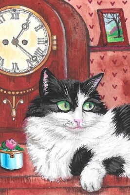 4X6 POSTCARD RYTA VINTAGE STYLE ART TUXEDO CAT ANTIQUE CLOCK MANTEL STEAMPUNK