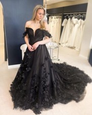 Gothic Black Wedding Dresses Sweetheart with Court Train 3D Flowers Bridal Gowns