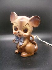 Vintage Josef Originals Ceramic Night Light Brown Mouse w/Blue Bow  Works RARE