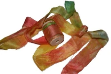 Silk Ribbon Yarn hand dyed Orange Green multi shade on spool 5 yards