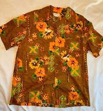 1960s Hawaiian Tiki Brown/Orange Print Shirt L Brass Buttons Hibiscus VTG GVH