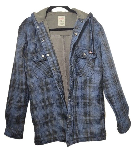 Genuine Dickies Men s Sz Small Flannel Work Jacket Hooded Blue Black Plaid