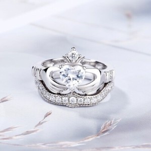 Authentic 1.50Ct Heart Cut Moissanite Crown Claddagh Engagement Ring 14K White Gold Plated
