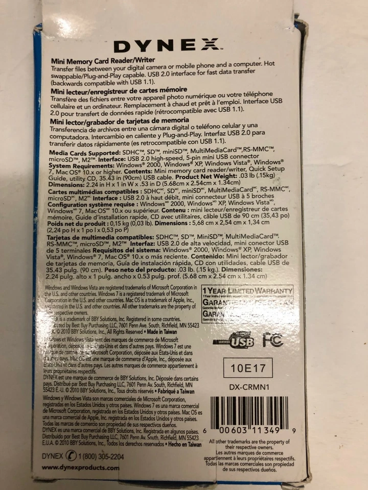 Dynex DX-CRMN1 Mini Memory Card Reader/Writer for Laptop Computer PC NEW - Image 3 of 3