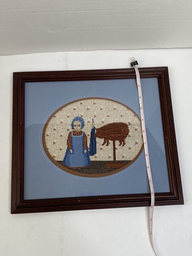 Framed Needlepoint Country Decor Farmhouse Little Girl Pig Vintage Cross Stitch - Picture 3 of 4