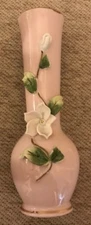 Lefton’s China Hand Painted Pink 6 1/4 “ Vase W/ Applied China Flowers, Gold Rim
