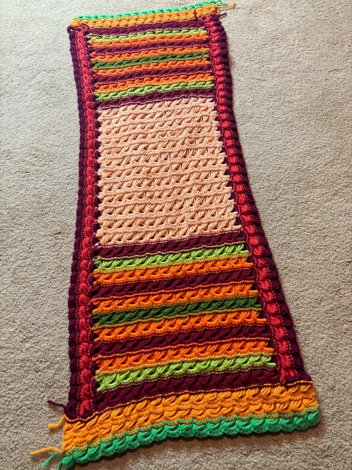 Vintage 70s Granny Knit Autumn Crochet Afghan Blanket TABLE RUNNER Stripe Boho - Image 2 of 4