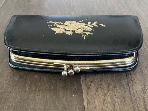 Portafoglio Vintage Baronetto Donna Pelle Nera Ricamato Fiori Oro - Foto 4 di 11