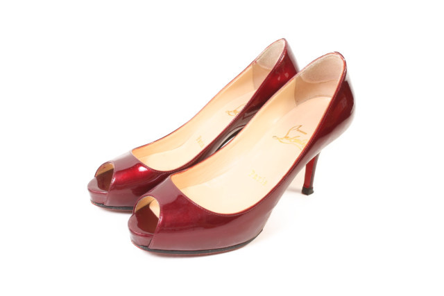 Christian Louboutin MATER CLAUDE 85 Open-Toe Patent Pumps with Enamel Metal Detail