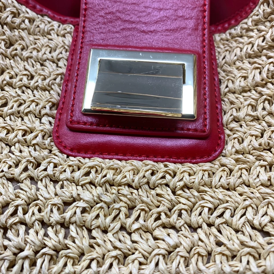 Bolso de Hombro Talbots Natural Rafia Paja Rojo Cuero Vegano Playa Cartera Viaje Foto 3 de 4