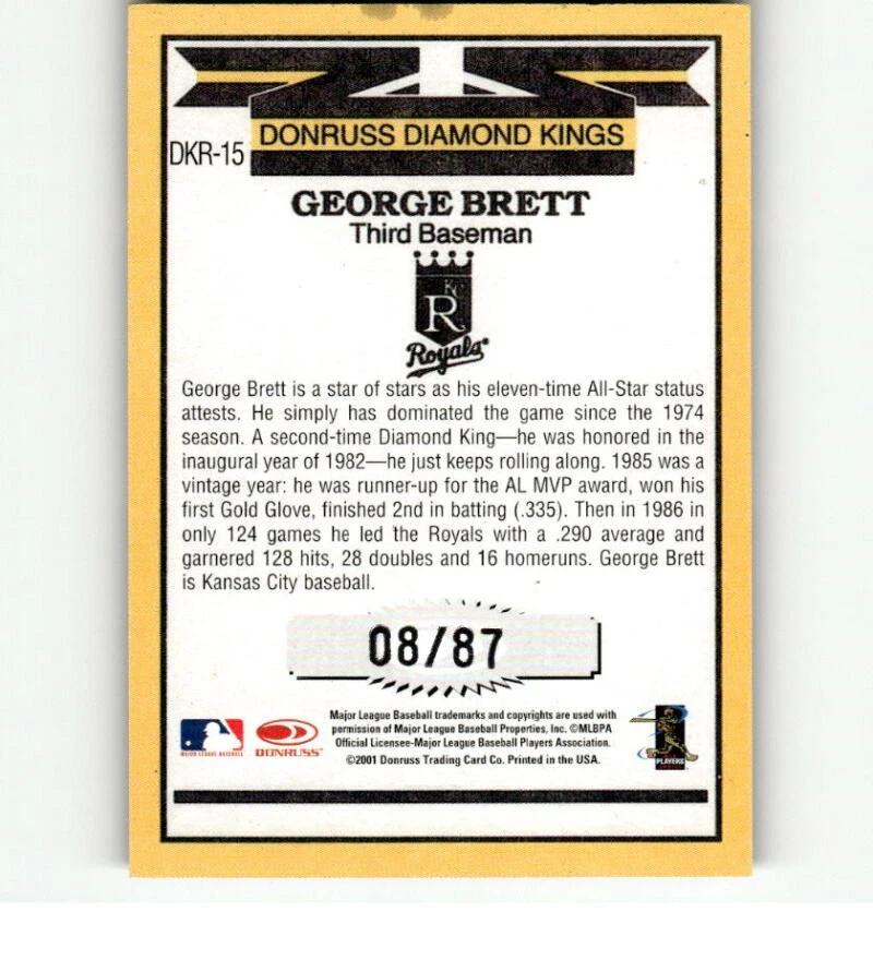 Donruss Diamond Kings 2001 reimpresión (ex-como nuevo) George Brett automático 8/87 Royals Foto 2 de 2