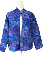 Chicos Silk Quilted Embroidered Jacket Womens 1 M Blue Floral Mandarin Collar