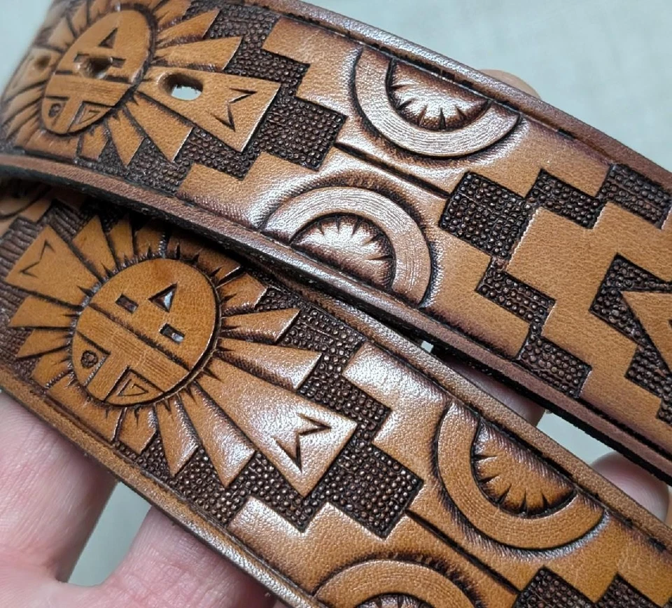 vintage TOOLED buckle belt SOUTHWESTERN leather 38 native american INDIAN cowboy - Image 4 of 4