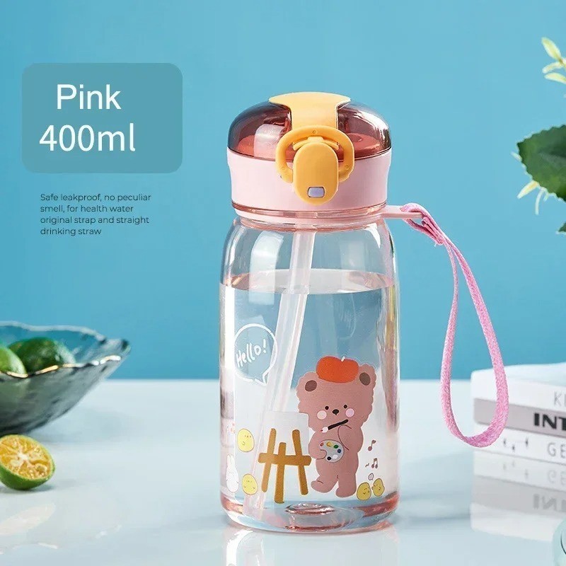 400ml Cute Bear Kids Water Bottle Straw Sippy Cup BPA Free Leakproof Cartoon