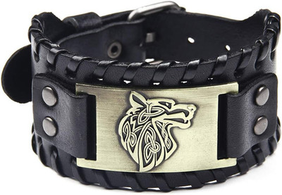 Schwarz Breit Leder Armband Metall Wolf Kopf Lederarmband für Männer und Frauen