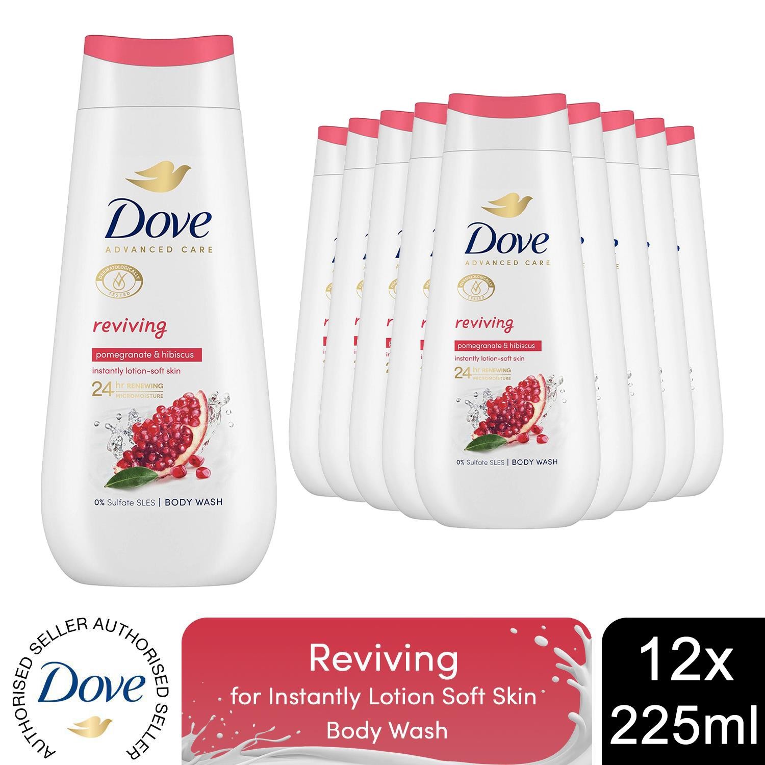 Dove Advanced Care Body Wash Reviving for 24Hrs Renewing Micromoisture, 12x225ml