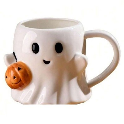 Weißer Kürbis Geist Kaffeebecher, süß Halloween Keramik Handarbeit Geschenk E7Q17558