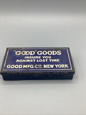 Vintage GOOD Mfg Co NY GOODS Cap Threads / Nut Washers Metal Case Tin Box