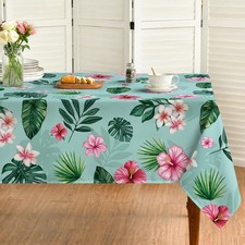 Summer Tablecloth 60 84 Inch Rectangular, Tropical Flowers Monstera Green Was...