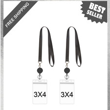 Black Lanyards with Vertical ID Badge Holders and Retractable Reels 4x3 Inch, 2