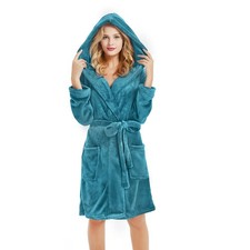 Womens Lightweight Short Hooded Fleece Robes SoftWarm Bathrobe S/M BlueGreen