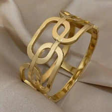 STAINLESS STEEL GOLD-TONE FASHION HINGED BANGLE BRACELET OVAL