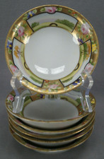 Set of 6 Nippon Hand Painted Pink Rose Floral Heavy Gold & Scenic Dessert Bowls
