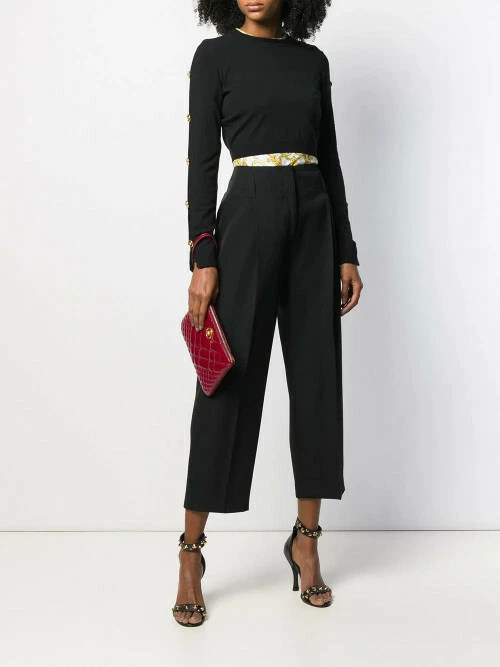 Versace — VERSACE 1600$ Cropped Sweater Jumper - Black Jersey w/ Medusa Engraved Button
