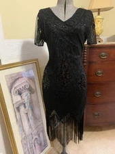 NEW Black Sequin Fringe Hem Flutter Sleeve Stretchy Flapper Dress Size Small