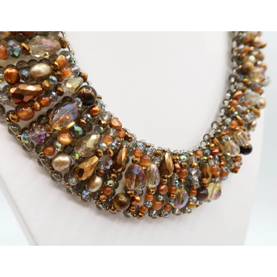 TALBOTS Caramel & Smoky Grey/Blue Beaded Collar Statement Necklace - Image 3 of 4