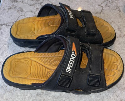 Speedo Black Yellow Boat Sandals Shoes Size L Leather Straps Comfort