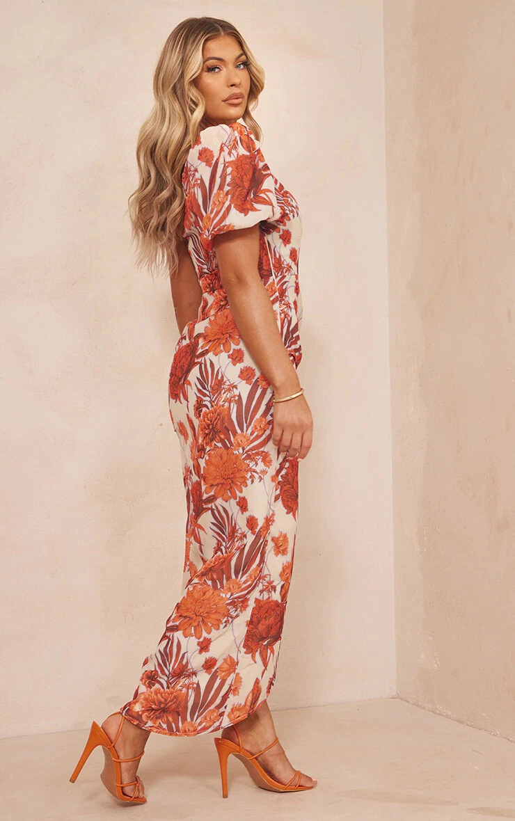 PRETTY LITTLE THING Orange Floral V Bar Gathered Midi Dress plt24