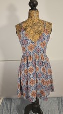 Geometric Multicolor Sleeveless Short Sundress Criss Cross Back V-Neck Size S