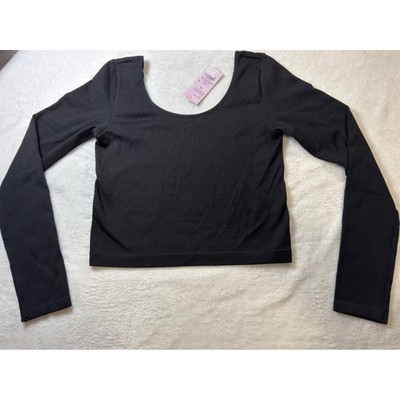 Wild Fable Scoop Black Ribbed Long Sleeve Cropped Top Size XL Seamless