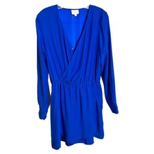 Parker Women's Sz L Faux Wrap Mini Dress Blue 100% Silk Deep V-Neck Long Sleeve