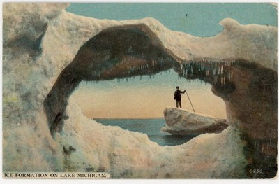 Ice Formation on Lake Michigan man in Ice Cave/Arch   Sheboygan WI postmark 1912