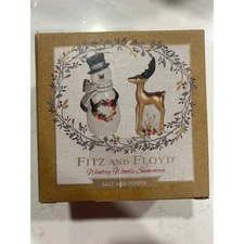 Fitz and Floyd Wintery Woods Snowman Reindeer Salt Pepper Shakers Set