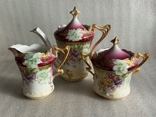 RS PRUSSIA GILT PORCELAIN FLORAL TEA SET TEA POT CREAMER SUGAR ART NOUVEAU RS 31