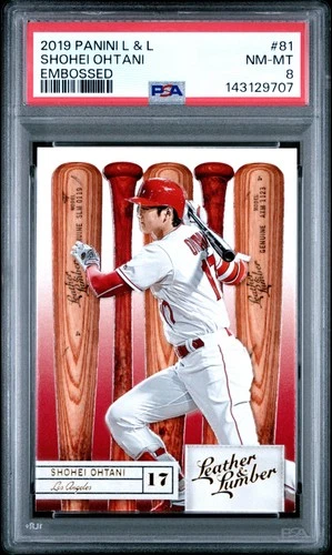 143129707 Shohei Ohtani 2019 Panini Leather & Lumber #81 Embossed PSA 8