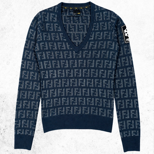 Fendi, Fendi FF Monogram Wool V-Neck Luxury Old Money Sweater Navy Grey Made in Italy