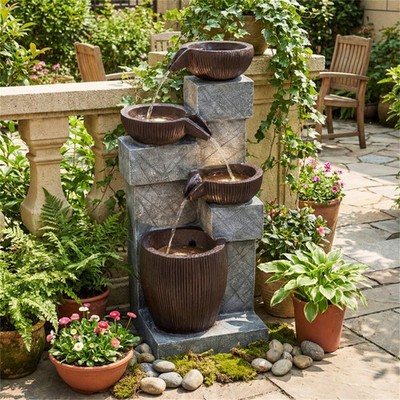 4-Tier Waterfall Fountain w/ LED Lights Resin Fiberglass Adjustable Flow