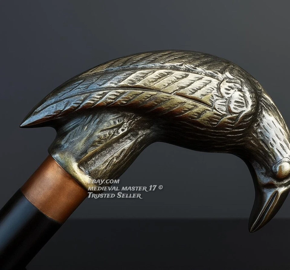 Bastón para caminar cabeza de cuervo hecho a mano gótico negro madera y bronce Foto 4 de 4