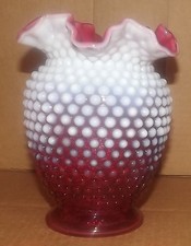 Fenton Glass Cranberry Opalescent Hobnail Vase Ruffled 8"