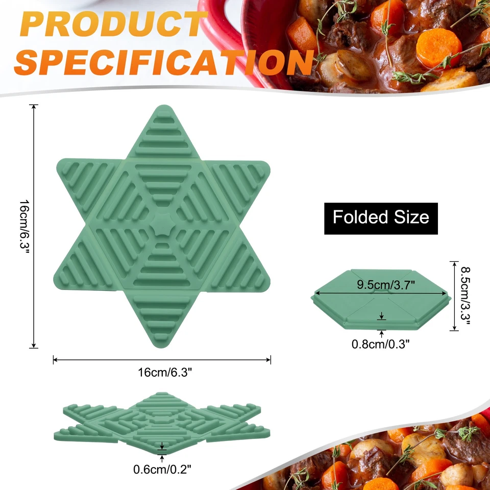 Alfombrilla trivet de silicona de 2 piezas, remaches plegables para ollas calientes, verde (estrella hexagonal) Foto 2 de 4