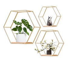3 PCs Gold Hexagon Floating Wall Mounted Shelves 9 In 11 In And 12.5 In