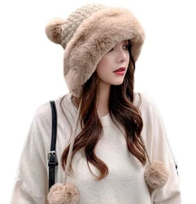 Women’s Fluffy Knit Beanie Hat Winter Faux Fur Pompom Skull Cap Ear Cover