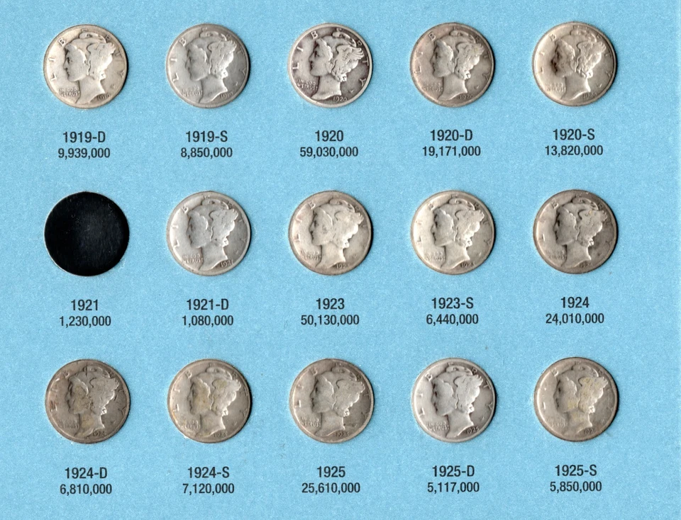 COLECCIÓN DE MONEDAS DE DIEZ CENTAVOS MERCURIO 1916-45 COMPLETO SOLO FALTA EL 16 D CIRC. para BU BONITO Foto 3 de 4