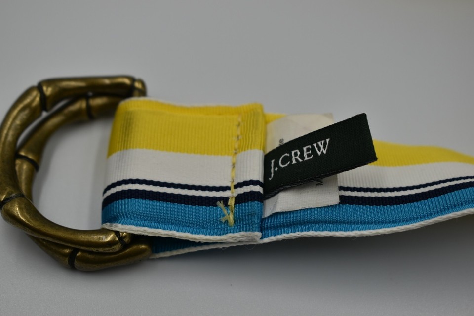 J. Crew M/L Double DRing Grosgrain Ribbon Striped Belt Yellow White