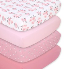Pink Roses Ditsy Floral 4 Pack Print Solid Microfiber Fitted Crib Sheet Set