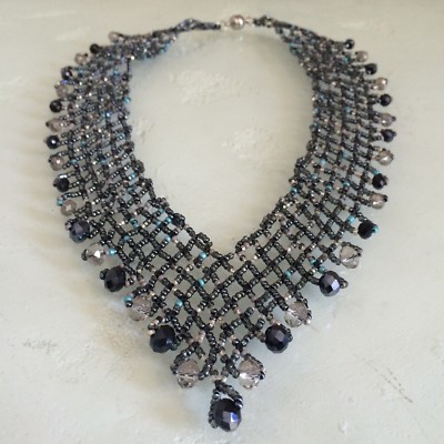Artisan Czech Glass Hematite, Gunmetal Grey 20'' Cascade Bib ''V'' NECKLACE 
